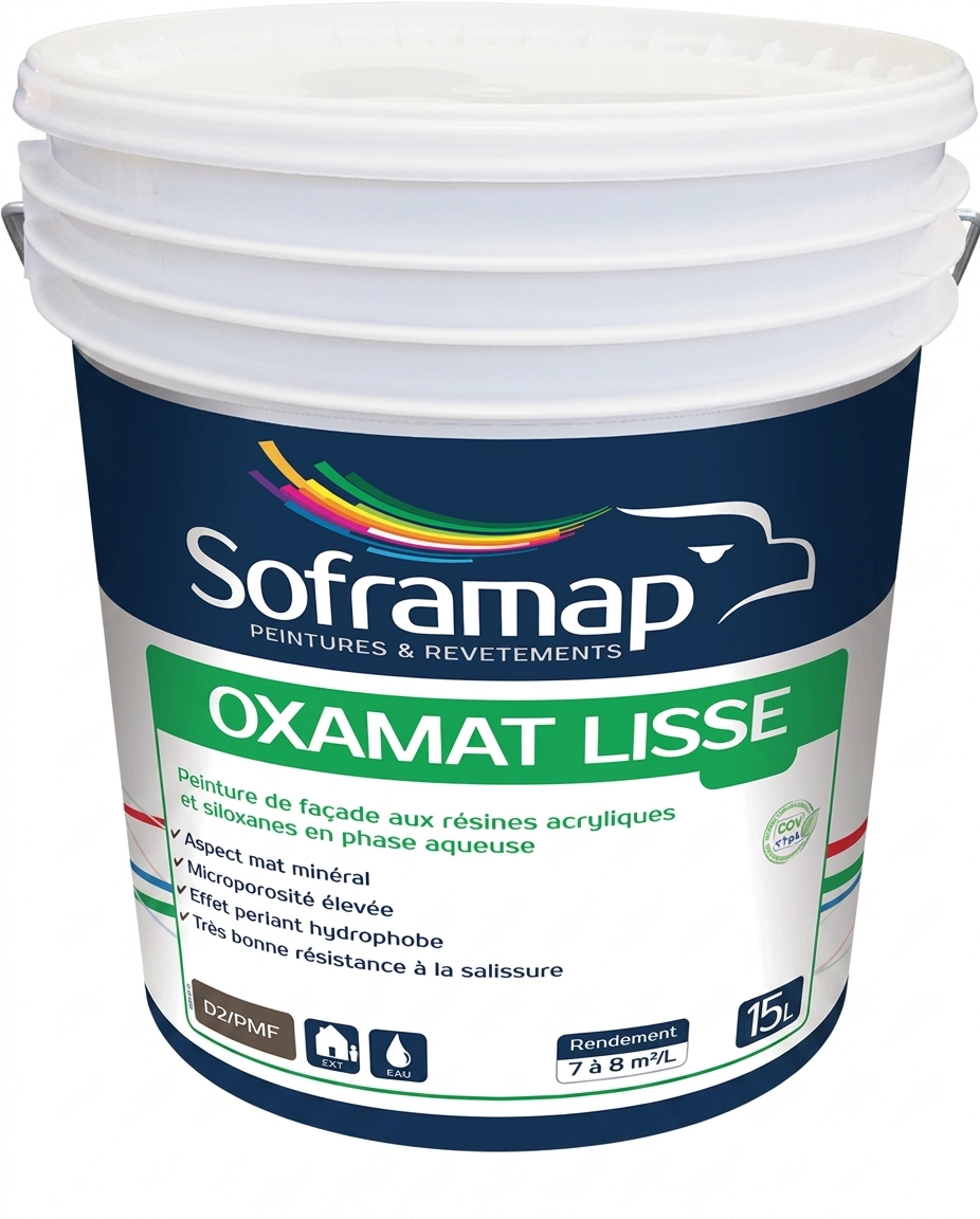 Grand seau en plastique blanc de peinture de façade aux résines acryliques et siloxanes en phase aqueuse Soframap Oxamat Lisse de 15 litres.