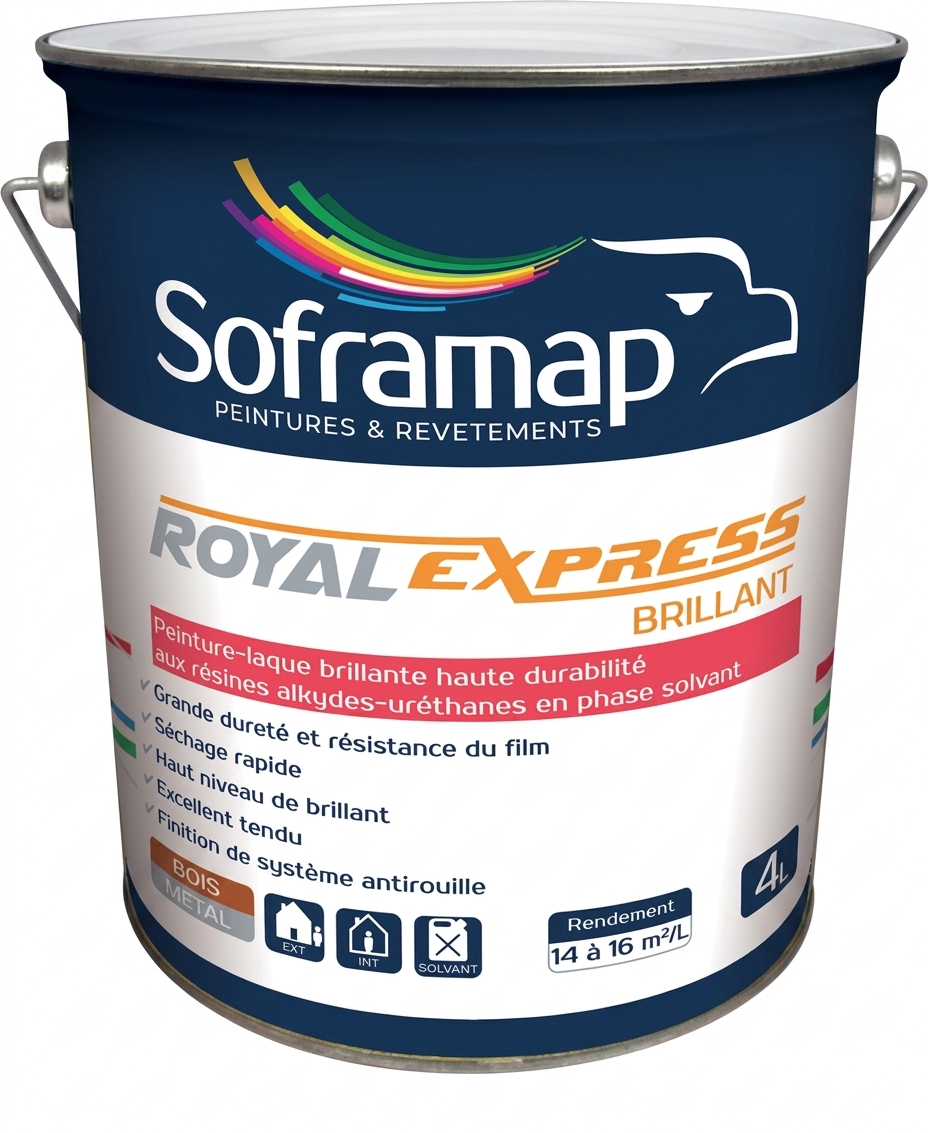 Grand bidon métallique cylindrique de peinture-laque brillante haute durabilité aux résines alkydes-uréthanes Soframap Royal Express Brillant de 4 litres.