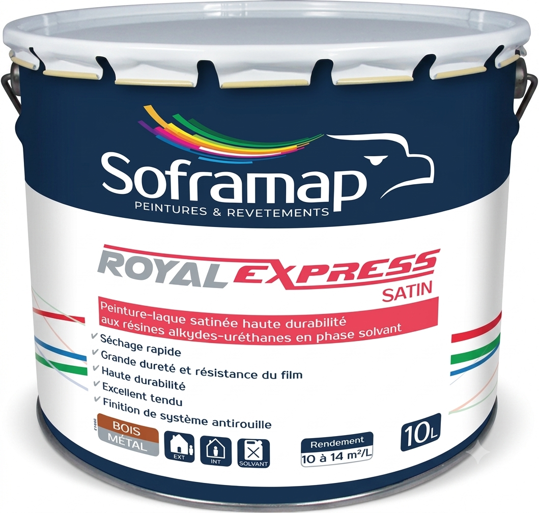 Grand bidon métallique cylindrique de peinture-laque satinée haute durabilité aux résines alkydes-uréthanes Soframap Royal Express Satin de 10 litres.
