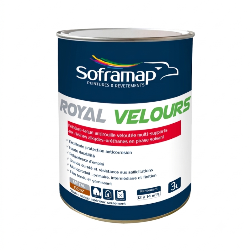 Bidon métallique de peinture-laque antirouille veloutée multi-supports aux résines alkydes-uréthanes en phase solvant Soframap Royal Velours de 3 litres.