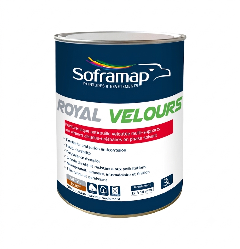 Bidon métallique de peinture-laque antirouille veloutée multi-supports aux résines alkydes-uréthanes en phase solvant Soframap Royal Velours de 3 litres.