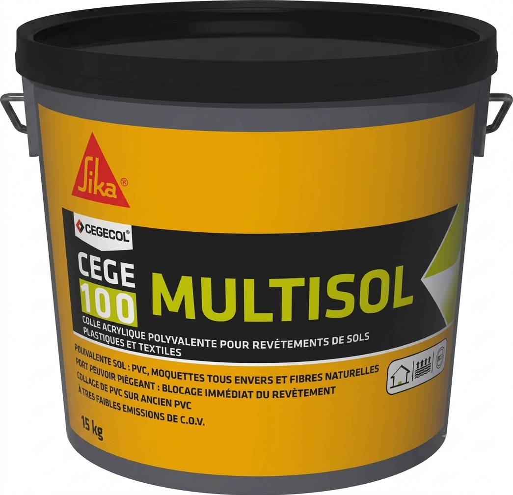 Grand seau en plastique jaune et gris de colle acrylique polyvalente pour revêtements de sols Cegecol Cege 100 Multisol de 15 kg.