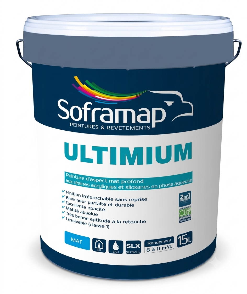 Grand seau en plastique blanc de peinture d'aspect mat profond aux résines acryliques et siloxanes Soframap Ultimium de 15 litres.