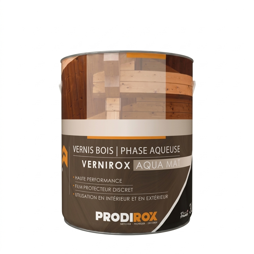 Bidon métallique cylindrique de vernis bois mat en phase aqueuse Prodirox Vernirox Aqua Mat de 3 litres.