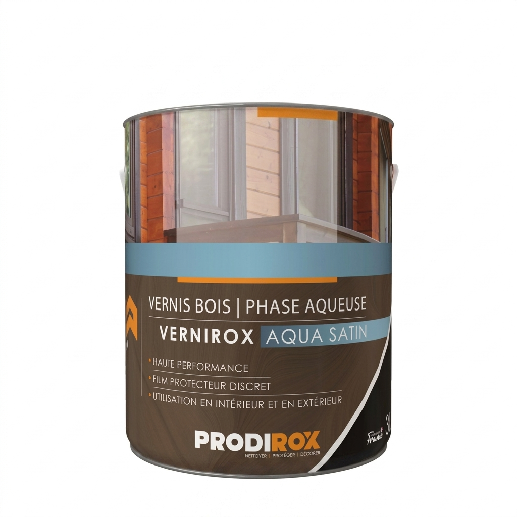 Bidon métallique cylindrique de vernis bois satiné en phase aqueuse Prodirox Vernirox Aqua Satin de 3 litres.