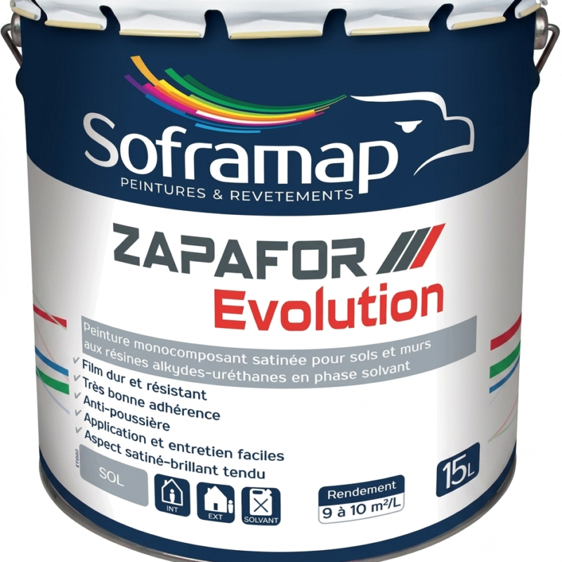 Grand bidon métallique de peinture monocomposant satinée pour sols et murs aux résines alkydes-uréthanes en phase solvant Soframap Zapafor Evolution de 15 litres.