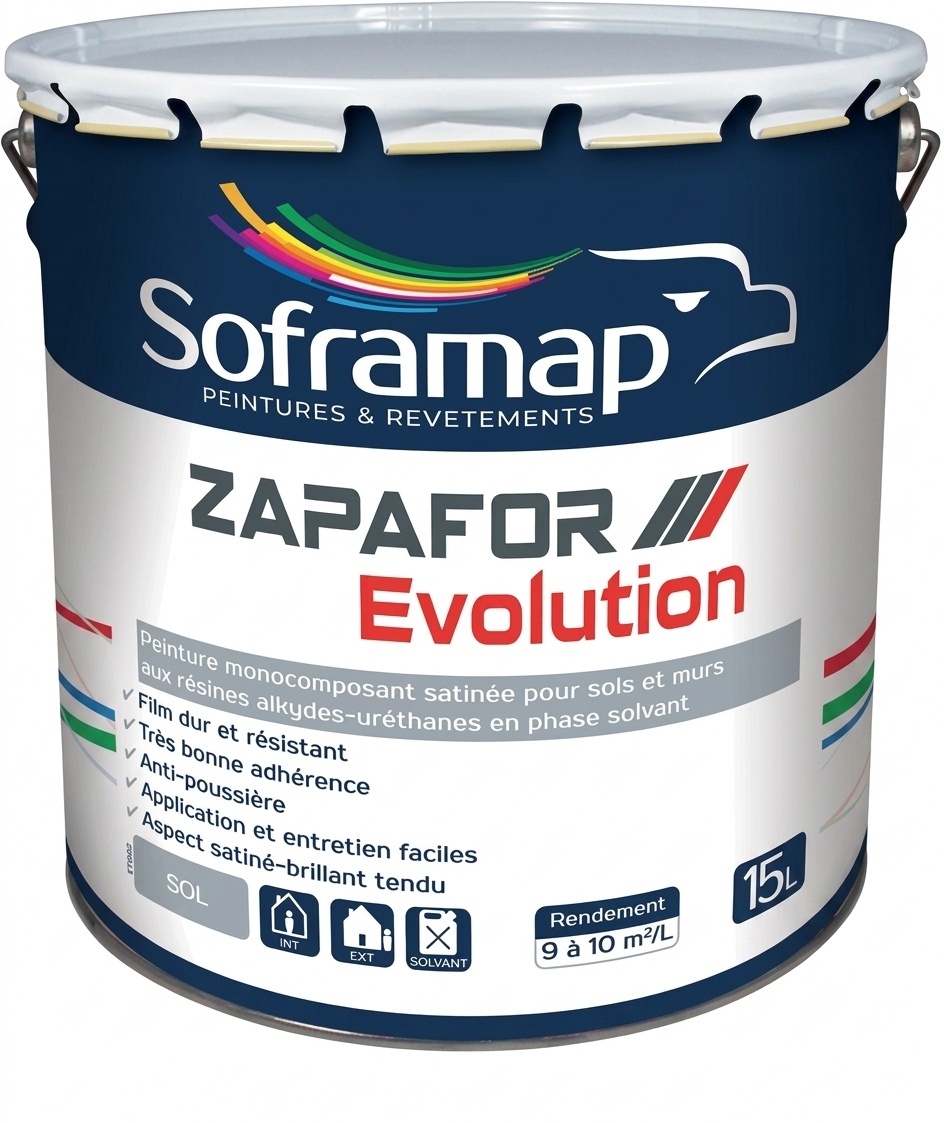 Grand bidon métallique de peinture monocomposant satinée pour sols et murs aux résines alkydes-uréthanes en phase solvant Soframap Zapafor Evolution de 15 litres.