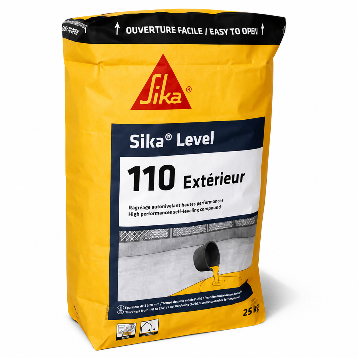 Sac jaune de 25 kg de ragréage autonivelant Sika Level-110 Extérieur sur fond blanc.