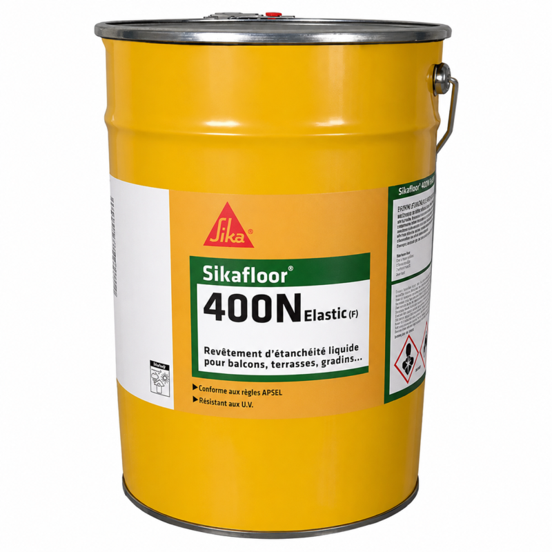 Seau Sikafloor 400 N Elastic FR Sika, revêtement d’étanchéité polyuréthane pour balcons et terrasses.