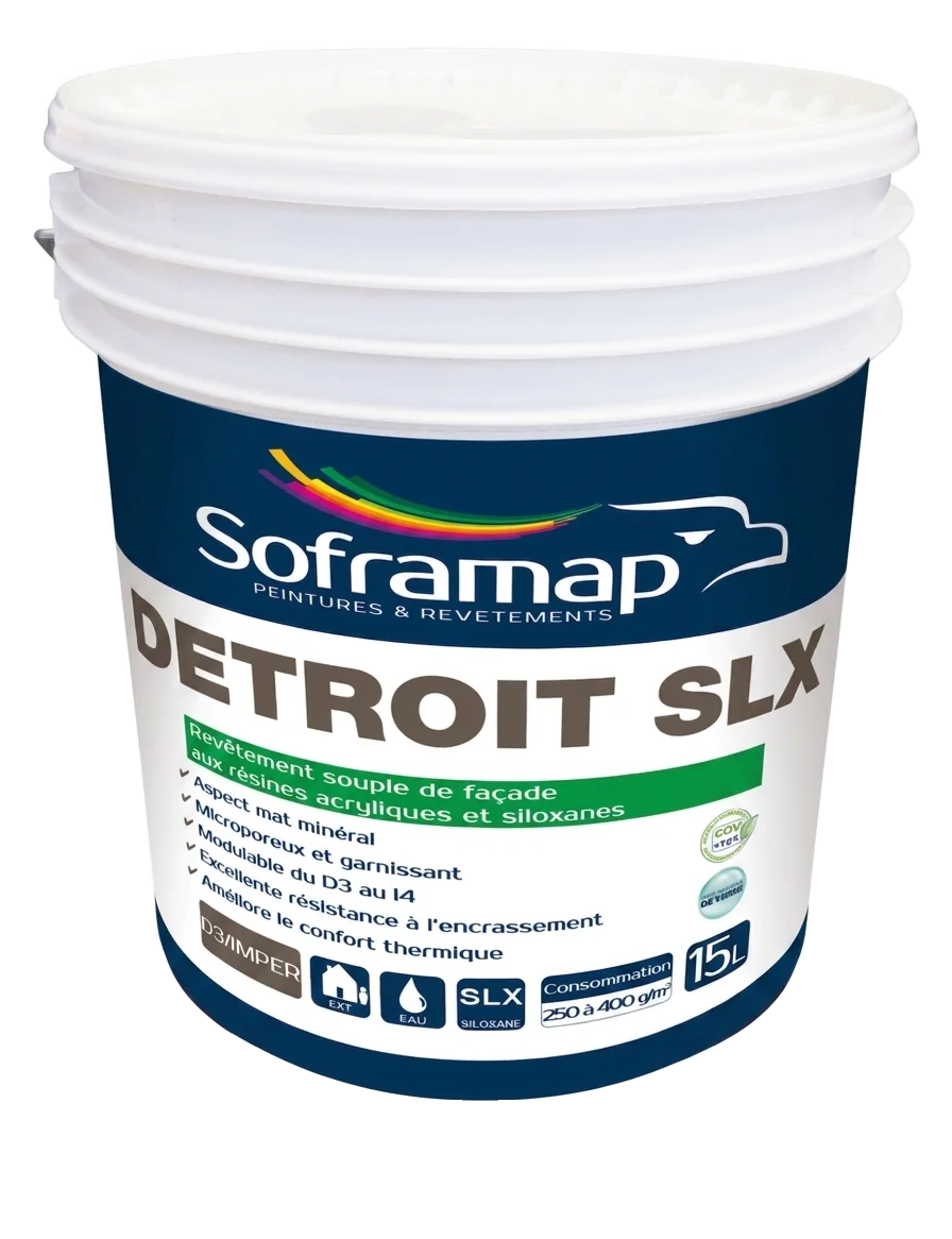 Seau plastique de revêtement souple de façade acrylique et siloxane Soframap Detroit SLX de 15 litres.