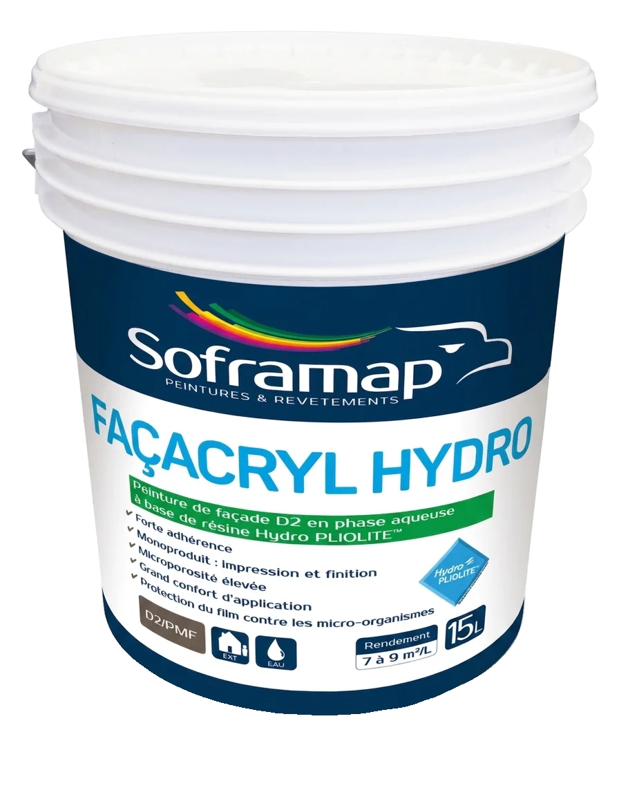 Seau plastique de peinture de façade en phase aqueuse aux résines Hydro Pliolite Soframap Façacryl Hydro de 15 litres.