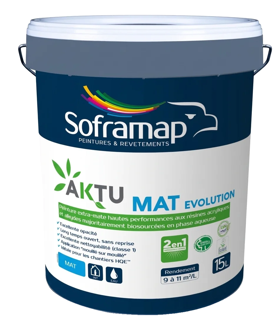 Grand seau en plastique blanc de peinture extra-mate hautes performances aux résines biosourcées Soframap Aktu Mat Evolution de 15 litres.