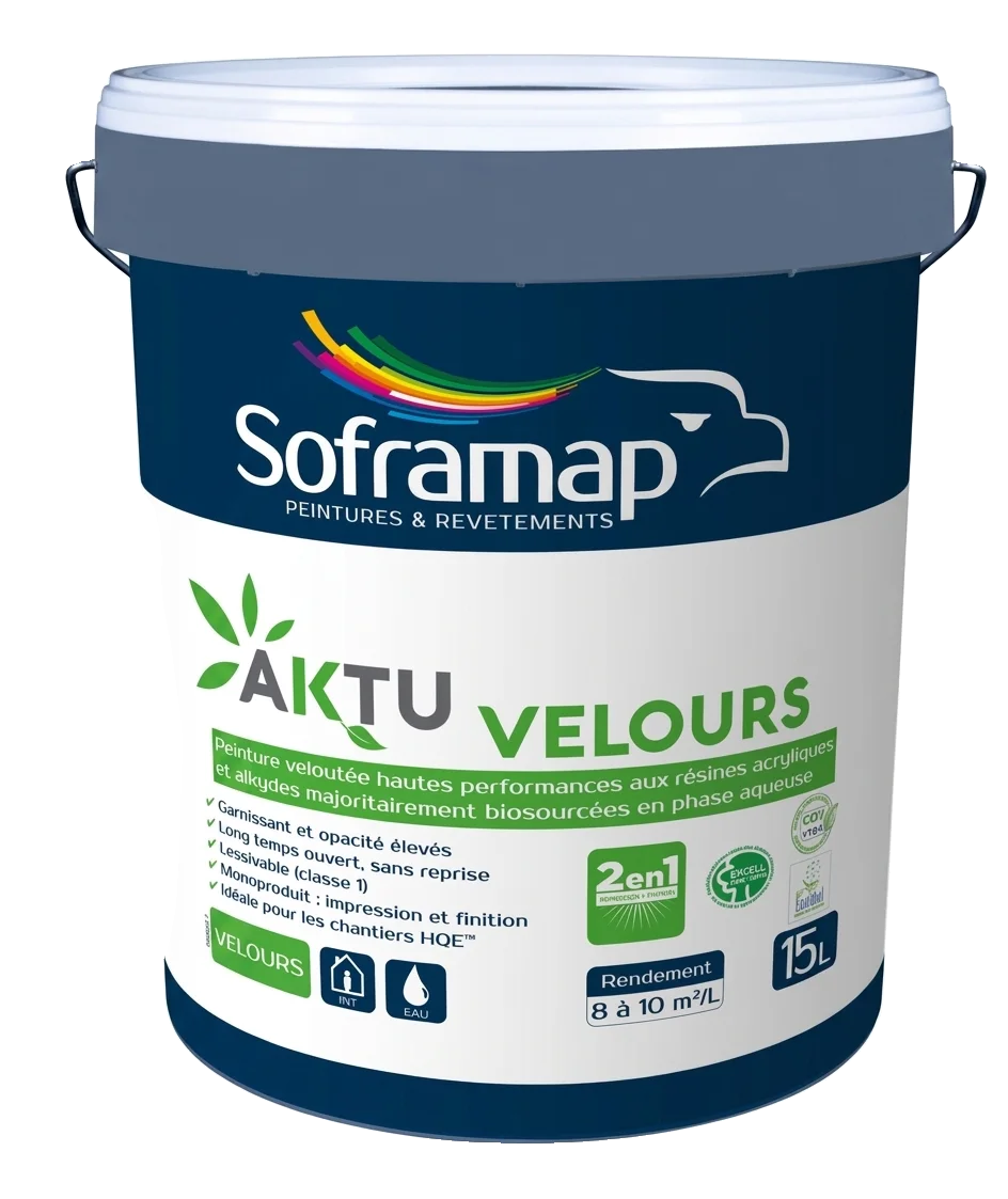 Grand seau en plastique blanc de peinture veloutée hautes performances aux résines biosourcées Soframap Aktu Velours de 15 litres.